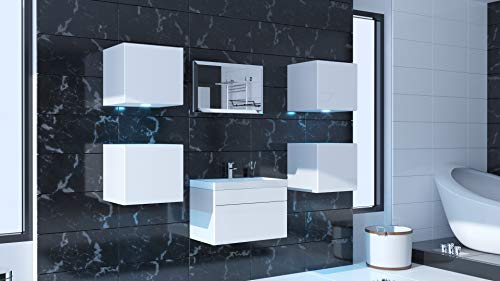 Furnitech ALIUS 29 Badezimmer Bademöbel Badeschränke Spiegel Set (LED RGB (16 Farben), Weiß)