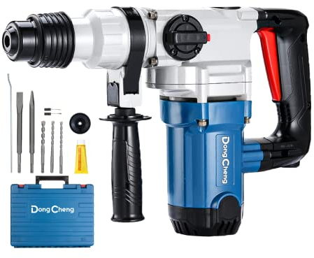 DongCheng Marteau perforateur SDS-Plus,1100W 3.6 Joule,avec 2 fonctions marteau/burinage,capacité de perçage dans le béton 28 mm, 5000BPM,embrayage à friction de surcharge,y compris 2 burins,3 forets