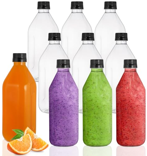 Coloch Paquete de 10 botellas de jugo de plástico de 33 onzas con tapas verdes, contenedor de jugo de bebidas PET transparente vacío de 1 litro para agua, jugo, bebidas, bebidas frías, picnic,