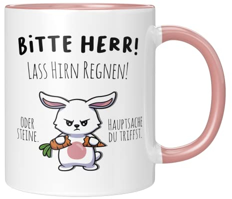 TassenTicker - ‘’Bitte Herr! Lass Hirn regnen!’’ - lustiges Geschenk - Kaffeetasse - Tasse mit Spruch - für Arbeit - Büro - Kollegen - Dumme Menschen - (Rosa)