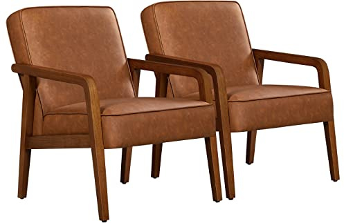 Yaheetech Loungesessel 2er Set Sessel Vintage Relaxsessel Kunstleder mit Massivholzbeinen Einzelsofa für Wohnzimmer/Schlafzimmer/Empfangsbereich Hellbraun