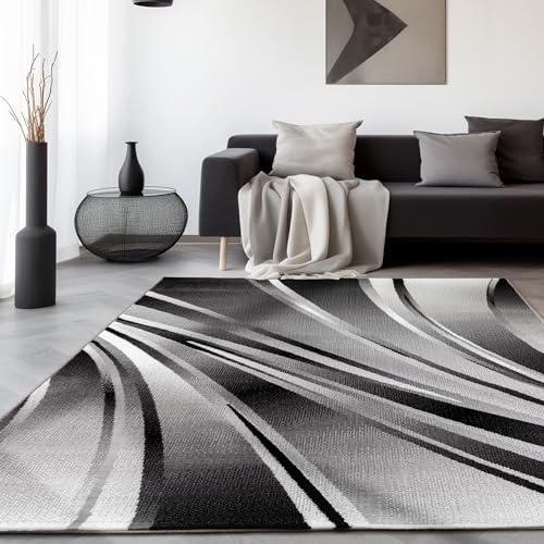 SIMPEX Teppich Wohnzimmer 280x370 cm Schwarz XXL Modern Abstraktes Wellen Design Kurzflor für große Flächen Schlafzimmer Esszimmer Waschbar Pflegeleicht Extra Weich