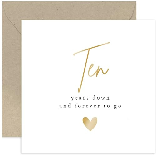 Old English Co. Ten Years Down Forever To Go Hochzeitskarte für Ehemann oder Ehefrau, spezielle Goldfolie zum 10. Jahrestag – Zinn 10. Jahrestag | blanko Umschlag innen