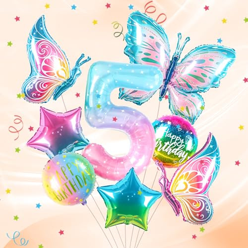 ballon 5 Jahre Schmetterling Geburtstag Deko zahlen luftballon 5 jahre | Bunt Schmetterlinge Geburtstagsdeko Folienballon - für 5. Geburtstag Mädchen Deko - fliegt mit Helium
