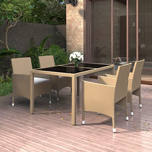 QJBSAVVA 5-TLG Garten-Essgruppe, eckbank gartenmöbel Set balkonmöbel fußbank Geeignet für Innenhof Balkon Parks Outdoor Poly Rattan und Hartglas Beige
