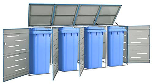 Tidyard Quadruple Garbage Bin Shed, Wheelie Bin Hideaways, Bin Store, Trash Bin Shed Outdoor Garbage Cover Bin Storage Unit Lockable Garbage Bin Shed 276.5x77.5x115.5 cm Stainless Steel