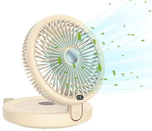 SLuB Desktop Fan, 120° Left and Right Auto-Oscillating Vortex Fan, LED Lighting, 6 Speeds, Energy Efficient, Quiet, Powerful Foldable Wall-Mounted Desk Fan, for Home Office Bedroom (Khaki)