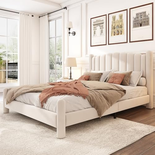 SOFTWEARY Polsterbett mit Lattenrost und gepolstertem Kopfteil, Bezug aus Samt, Doppelbett (beige, 160x200 cm)