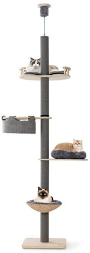 GYMAX Arbre à Chat du Sol au Plafond à 5 Niveaux en Bois, Hauteur Réglable 236-271CM, avec Griffoir Entièrement Enveloppé, Hamac Confortable, Lit Panier, Coussins Amovibles