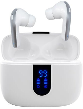 iggual Auriculares Inalámbricos Bluetooth 5.3 con Micrófono. Cascos Bluetooth con Cancelación de Ruido CVC8.0, Pantalla LED, Control Táctil, USB-C, Resisten al Agua y Sudor, para Android-iOS(Blanco)