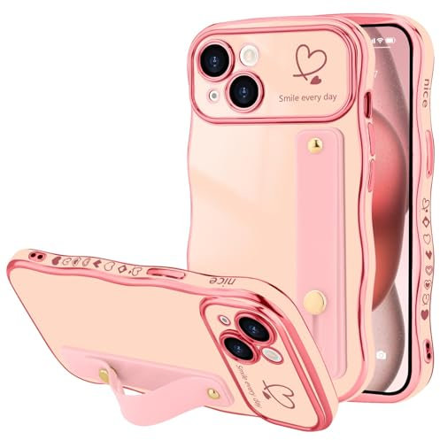 LLZ.COQUE for iPhone 15 Plus Case, Luxury Plating Love-Heart Wave Frame Shape Design, Adjustable Hand Strap Stand Cover, Shockproof Bumper Girls Women Phone Case iPhone 15 Plus, Pink