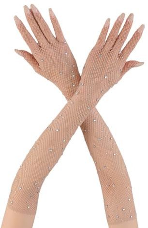 Lufdegim Lange Strass Netzhandschuhe 80er Opera Handschuhe Karneval Gloves mit Funkelnden Strass Vintage für Kostümpartys Karneval Maskerade Opern Kostüm Cosplay Zubehör (Weiß, Einheitsgröße)