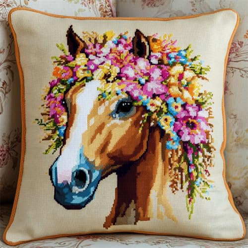 ORLUMY DIY Knüpfkissen Zum Selber Knüpfen Knüpfhaken-Set Mit Pferd Und Blumen，Cartoon-Tiere，Diy-Haken，Gestrickt，Bestickter Teppich，Kissen，Stickerei，Knüpfhaken-Teppich-Set 43x43cm