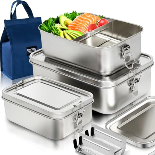 Pulazon Stainless Steel Bento Box 3 Pack 304 Stainless Steel Food Containers with Lids 2400/1400/850ml Airtight Bento Lunch Box