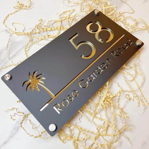 Personalized house number sign Custom Modern design Acrylic Palms Tree Seaside House Number Sign Plate Outside Address Name Door Wall Room Plaque (Black Gold)