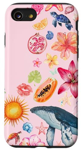 European Summer Hibiscus Turtle & Whale Preppy Collage Case for iPhone SE (2020) / 7 / 8