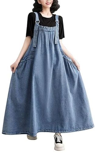 Boodtag Women’s Denim Pinafore Dress Summer Sleeveless Plus Size Maxi Strap A-Line Overall Dress with Pocket Elegant Vintage UK Ladies Outfit