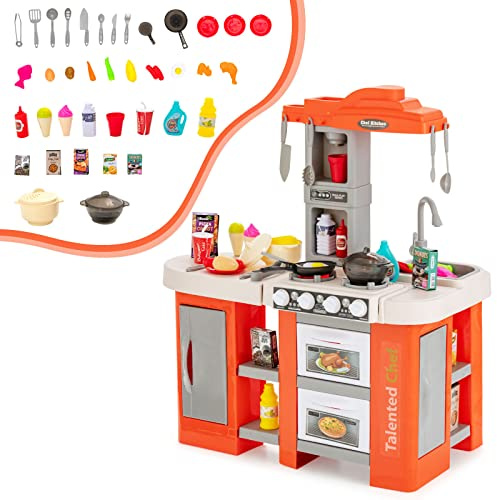 COSTWA Kinderküche mit 67 Zubehör, Spielküche aus Kunststoff mit Wasserpumpfunktion, Licht und Sound, Dampf- & Kocheffekten, Spielzeugküche für Kinder ab 2 Jahren (Orange)