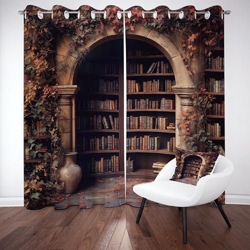Kntnshac Geheimnis Bibliothek Vorhänge Blickdicht mit Ösen, Pflanzen Blätter Vase Vorhang Schlafzimmer Küche, Gardinen für Wohnzimmer, 2er Set Curtains, H225 x B140 cm