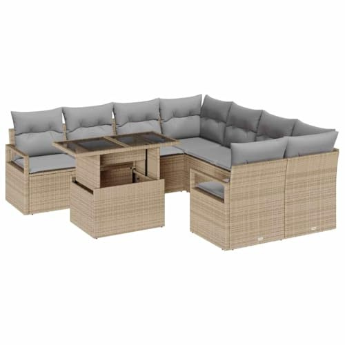 vidaXL 9-teiliges Garten-Sofa-Set mit Kissen, Outdoor Poly-Rattan, Beige und Grau, verstellbare Füße, bequemer Sitz, modernes Design für Gartenmöbel, Terrasse, stylische Anordnung, modernes Wohnen