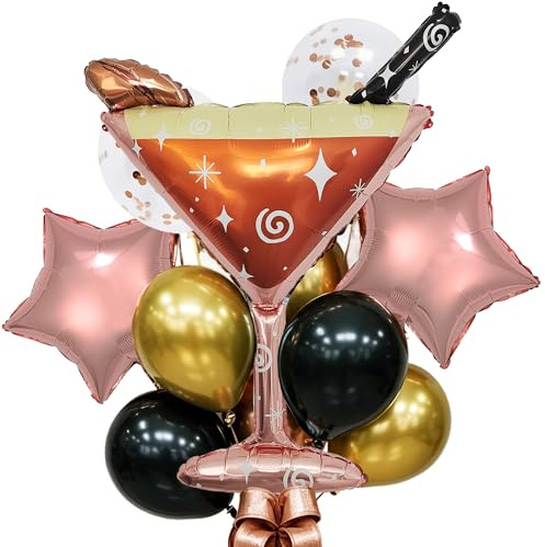 TiAaihion 38in Martini Glass Balloon Kit: Rose Gold, Black, Gold Confetti Balloons for Adult Birthday, Bachelorette, New Year's Eve, Cocktail Anniversary Party Decorations