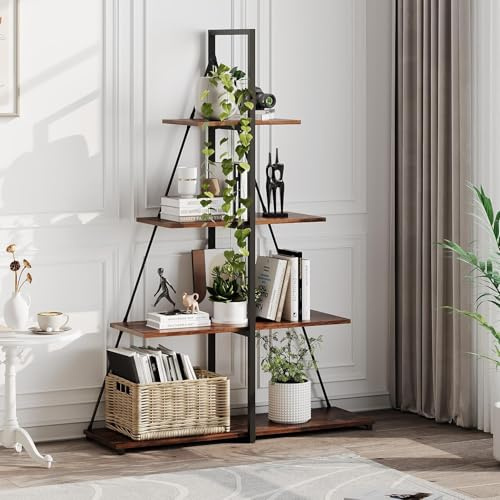Scaffale per libri, scala a 4 livelli, stile barche a vela, scaffali in legno a forma di A, libreria scala per soggiorno, camera da letto, ufficio, telaio in metallo nero e finitura legno (marrone)