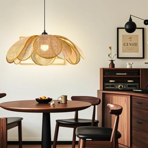 PANNN E27-Hängeleuchte Japanische Rattan-Hängeleuchte Kreative Kücheninsel-Leuchte In Blütenform Bohemian-Stil Geeignet Für Restaurants Wohnzimmer-Dekorationsbeleuchtung(A-60CM)