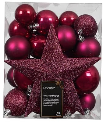Kaemingk Weihnachtskugeln Kunststoff mit Christbaumstern 33er Set - bruchsichere Christbaumkugeln Weihnachtsbaumkugeln und Christbaumspitze - Christbaumschmuck & Weihnachtsbaumschmuck - Festlich Rosa