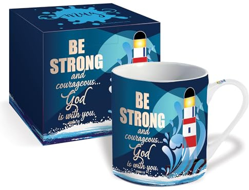 Christian Mug with Gift Box, Be Strong - Lighthouse, Bible Verse Joshua 1:9