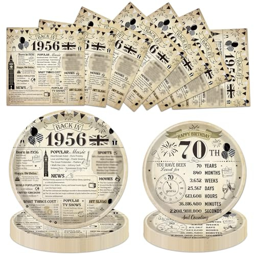 Eiapadeor 70th Birthday Decorations Tableware Set - 72 Pcs 70th Birthday Party Plates and Napkins Back in 1956 Vintage Themed Disposable Plates Set for Women Men Her 70 Year Old Party Supplies
