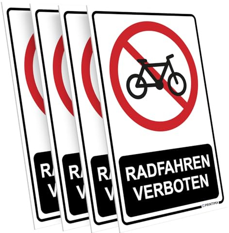 PRINTIMA 4x Schild „RADFAHREN VERBOTEN“ 21x32 cm – PVC Verbotsschilder wetterfest & UV-beständig, inkl. Dübel, Fahrradfahren untersagt für Wege, Höfe & private Zufahrten