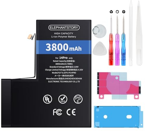 Elephantstory Akku für iPhone 14 Pro, 3800 mAh Hohe Kapazität Lithium Polymer Ersatzakku mit Reparaturwerkzeugen und Anleitung Buch für Modelle A2890 A2650 A2889 A2892 A2891