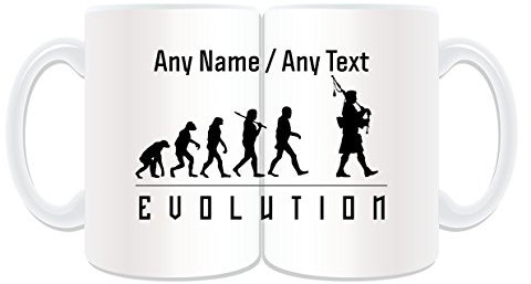 Große Dudelsack-Tasse, personalisierbar, Weiß (Evolution Wrapped Design), Namensnachricht, einzigartige Spielerumrisse, Events, Hobby, klassische Musiker, Windpfeife, Chanter Highland Scottish