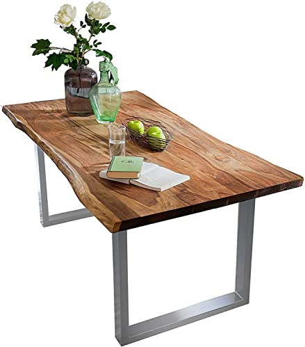 SAM Baumkantentisch 180 x 90 cm, massives Akazienholz, Esszimmertisch nussbaumfarben/silbernes Gestell