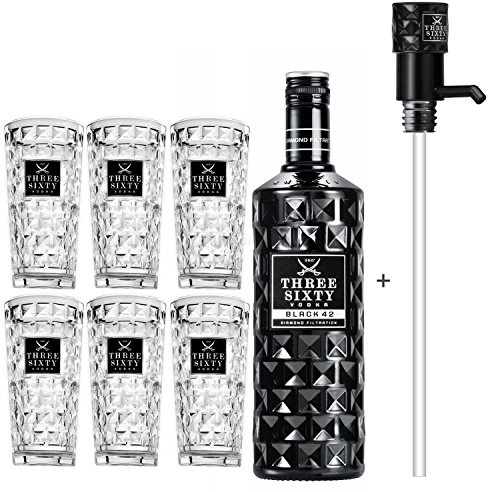 Three Sixty Black 42 Vodka 3L (42% Vol) + Pumpe + 6x Longdrink Gläser eckig -[Enthält Sulfite]