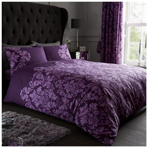 Gaveno Cavailia Luxurious Empire Damask Bed Set with Duvet Cover and Pillow Cases, Polyester-Cotton, Purple, Super-King