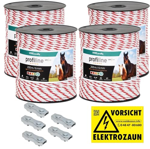 VOSS.farming 800m Weidezaunseil 6mm Elektrozaunseil 6X 0,25 HPC-Leiter - mit Zubehör - weiß-rotes Elektroseil Pferdezaun Weidezaun Elektrozaun Ponyzaun