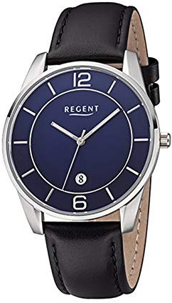 REGENT Herren-Armbanduhr Edelstahl analog Quarz Lederband schwarz F-1235