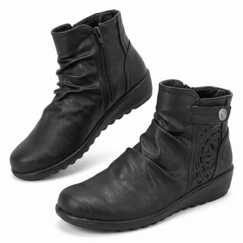Cushion Walk Ankle Boots for Women, Wedge Heel, Zip, Black Size 5 E UK