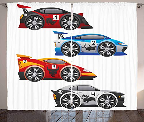 ABAKUHAUS Autos Rustikaler Vorhang, Formula Cars Technologie, Wohnzimmer Universalband Gardinen mit Schlaufen und Haken, 280 x 245 cm, Rot Aqua