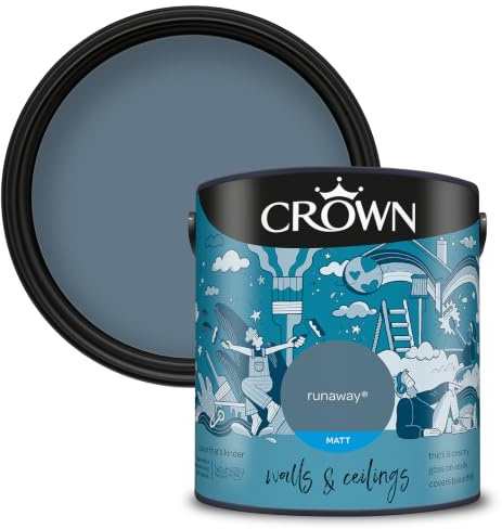 Crown WALLS & CEILINGS Bright Blue Matt Emulsion Paint 2.5L | Rich velvety matt in Runaway. Covers beautifully. Ideal for bedrooms & living rooms. Low VOC, low odour, vegan