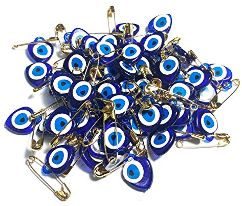 100 STK. Nazar Boncuk mit Sicherheitsnadel Böser Blick Glücksbringer Talisman Herz Türkisches Blaues Auge Evil Eye zum Verschenken als Mitgebsel zur Geburt Taufe Hochzeit Dügün Sünnet Nisan