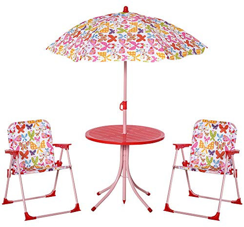 Outsunny Juego de mesa y silla de bistró para niños al aire libre con patrón de mariposa para jardín, patio, patio trasero con sombrilla extraíble y ajustable en altura