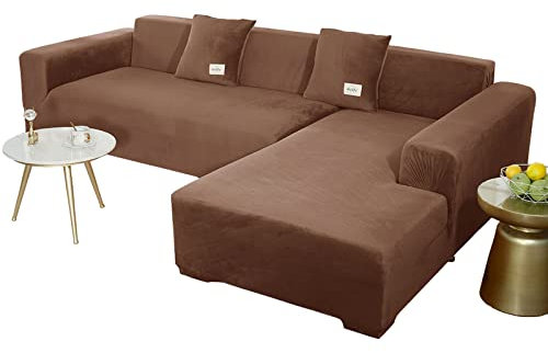 JHLD Sofabezug L Form, Stretch Sofabezug Samt L-förmiger Sofabezug Weiche Anti-rutsch Sofa Überwürfe Für Ecksofa-Tiefer Kaffee-3 Sitzer+4 Sitzer