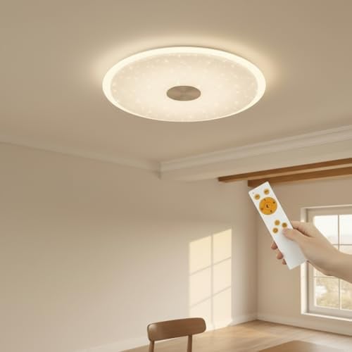 Trango 3335 LED Deckenlampe 24 Watt *EM* CCT stufenlos Farbtemperatur & Helligkeit dimmbar - 3000K - 6000K inkl. Timer Funktion, Deckenstrahler mit Sternenhimmel Effekt, Wandleuchte, Deckenleuchte