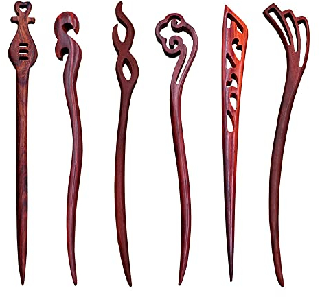 6 Pièces Baguettes à Cheveux en Bois, Vintage Cheveux Baguettes, Épingle à Cheveux Vintage pour Femme, Épingles à Cheveux Chinois Baguettes, pour Cheveux DIY Accessoire (rojo)