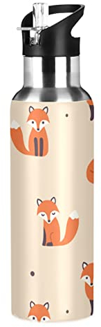 Fox WR79I Wasserflasche mit Strohhalm-Deckel, 600 ml, vakuumisolierte Edelstahl-Wasserflasche, auslaufsicher, BPA-frei, Cartoon-süßer roter Fuchs