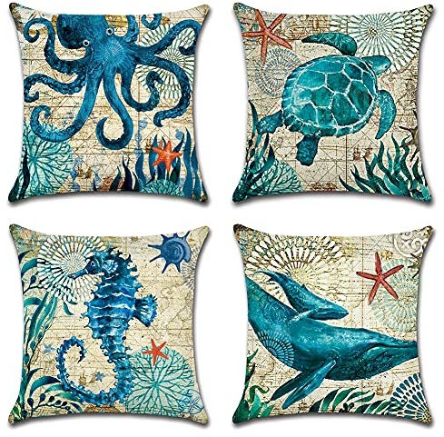 Artscope wasserdichte Kissenbezugen, 4 Stück Blaue Meeresleben Kissenhülle Atmungsaktiv Kissen Fall für Outdoor Balkon Terrasse Patio Garten Bauernhaus Dekor 40 x 40cm