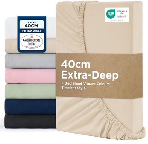 Bedsure Double Fitted Sheet Deep - 40cm Pocket, Beige, 135x190cm | Soft Breathable Brushed Finish Smooth Feel All Round Elastic Secure Fit Deep Pocket Machine Washable Fade Resistant Easy Care