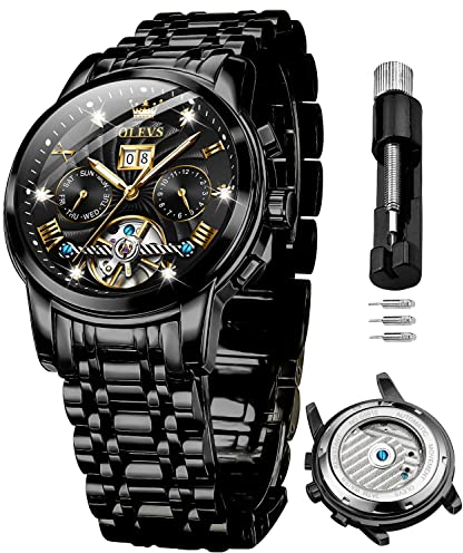 OLEVS Herren-Automatikuhr, selbstaufziehend, mechanisches Skelett, Tourbillon, Luxus, Diamant, Business-Kleid, Datum, Armbanduhren für Herren, wasserdicht, leuchtend, Schwarz-1, Uhren für Herren